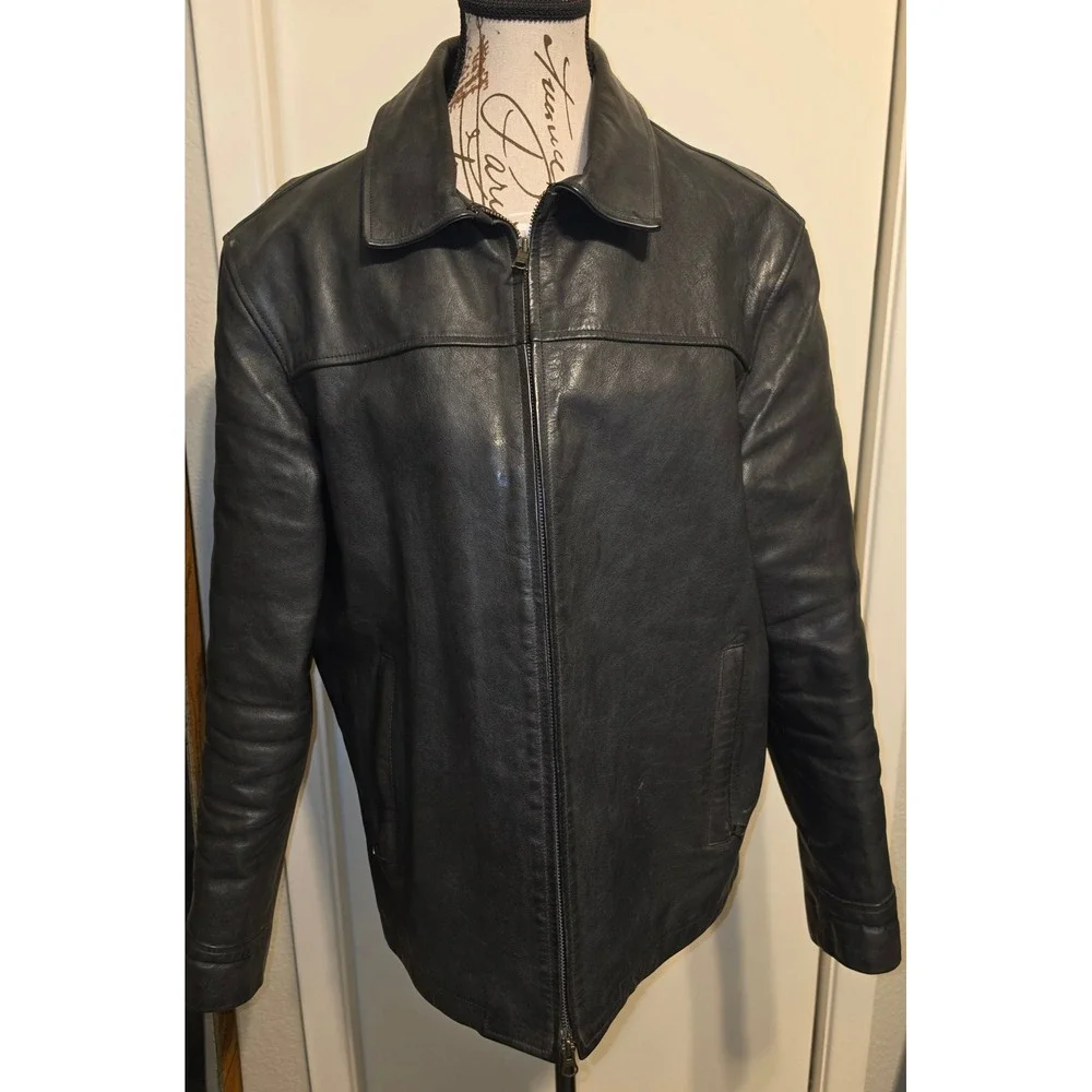 Vintage Banana Republic Mens Black Leather Full Zip Jacket Point Collar Large